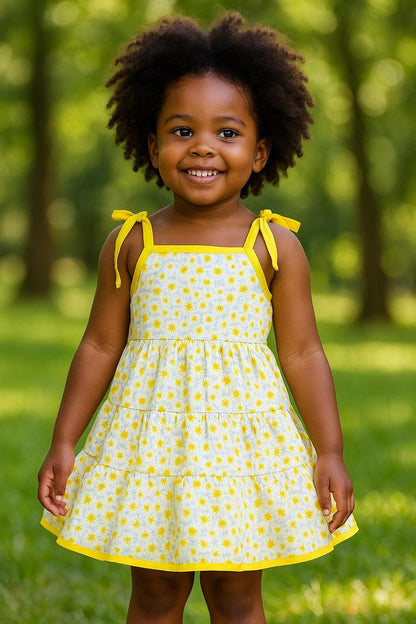 Girls Yellow Floral Sundress: Handmade Cotton Tiered Twirl Dress