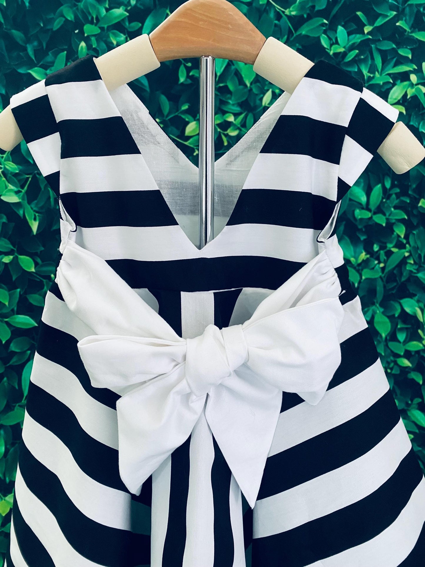 Black and White Striped Girls Dress with Oversized Bow