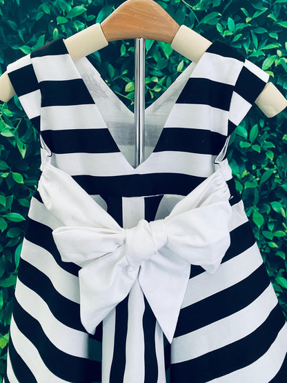 Black and White Striped Girls Dress with Oversized Bow