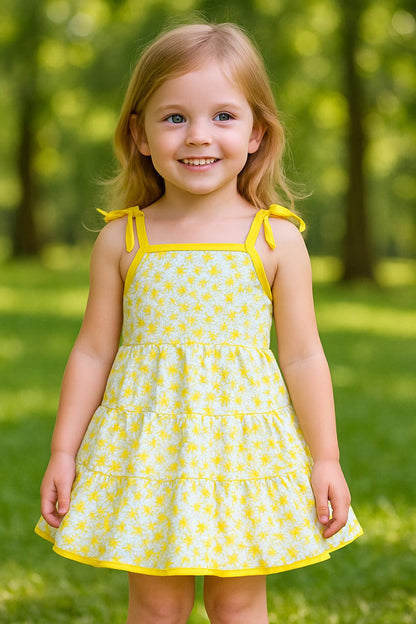 Girls Yellow Floral Sundress: Handmade Cotton Tiered Twirl Dress