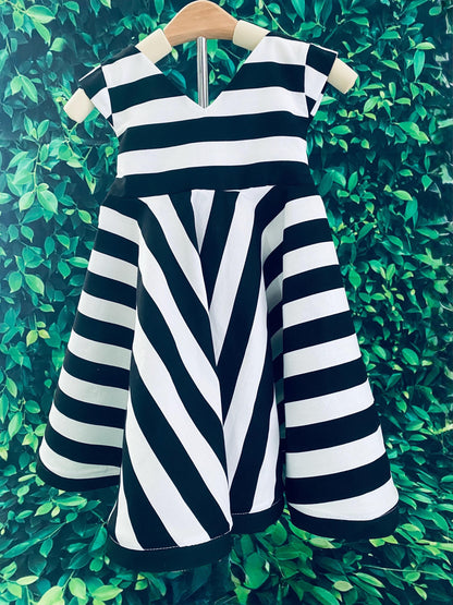 Black and White Striped Girls Dress with Oversized Bow