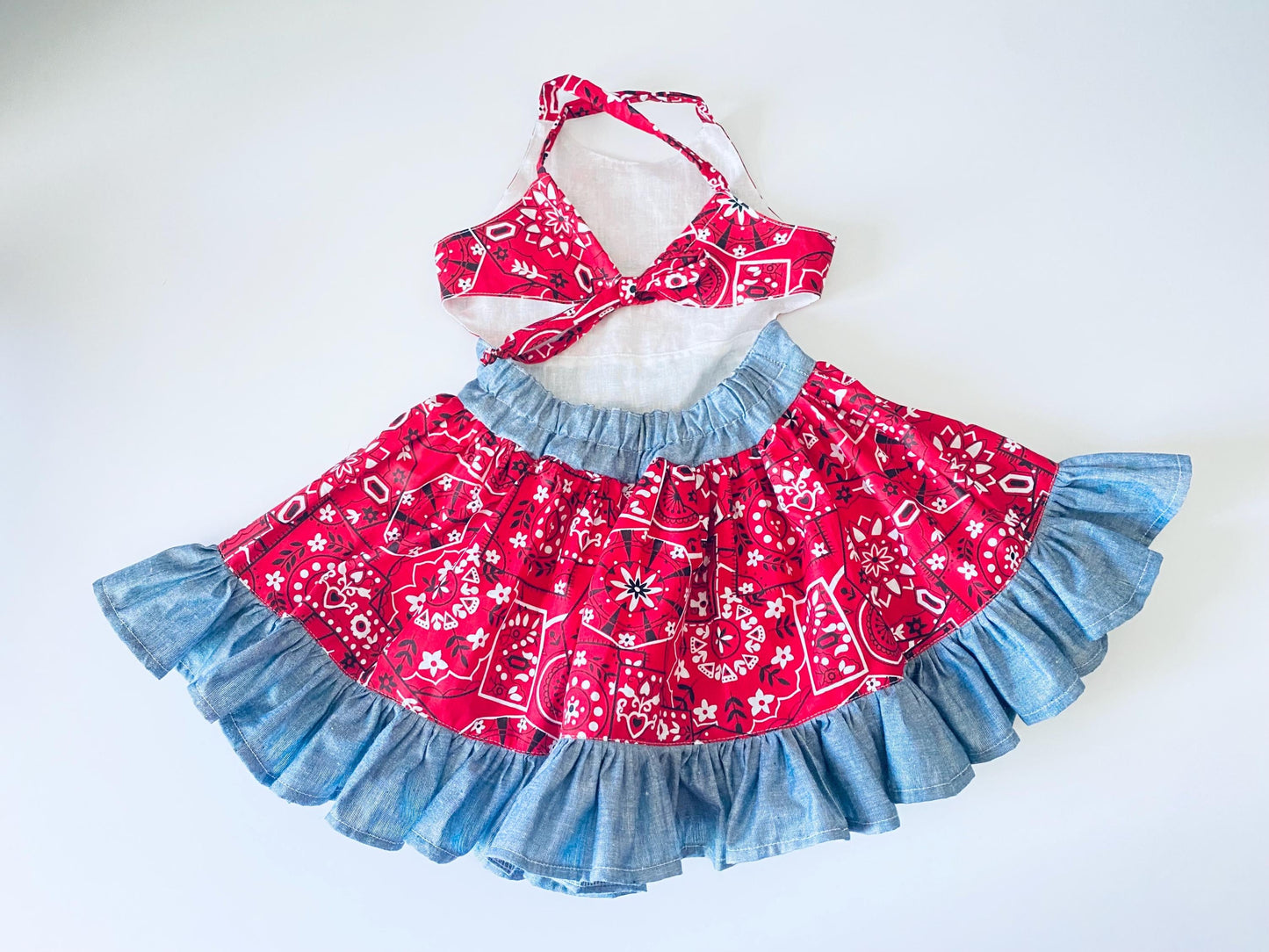 Handmade Cowgirl Dress | Red Bandana, Denim Ruffle | Open-Back