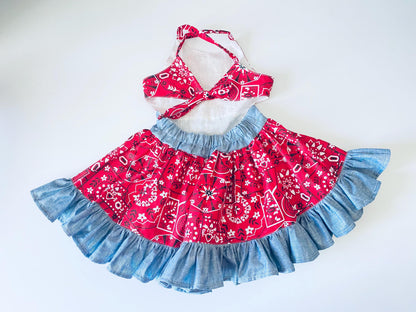 Handmade Cowgirl Dress | Red Bandana, Denim Ruffle | Open-Back