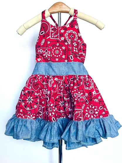 Handmade Cowgirl Dress | Red Bandana, Denim Ruffle | Open-Back