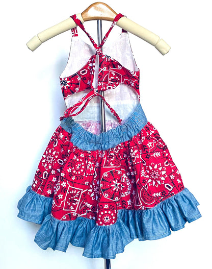 Handmade Cowgirl Dress | Red Bandana, Denim Ruffle | Open-Back
