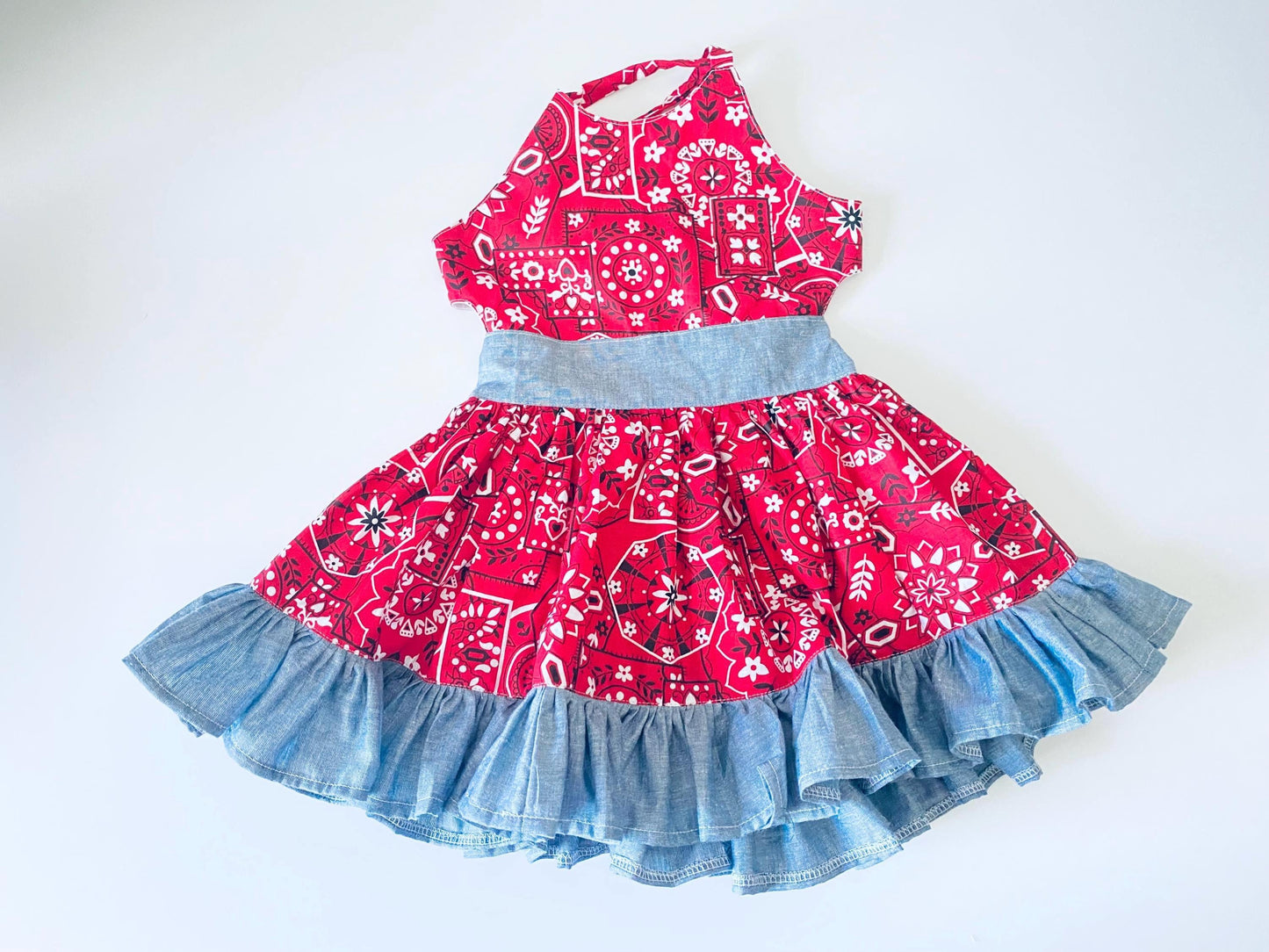 Handmade Cowgirl Dress | Red Bandana, Denim Ruffle | Open-Back