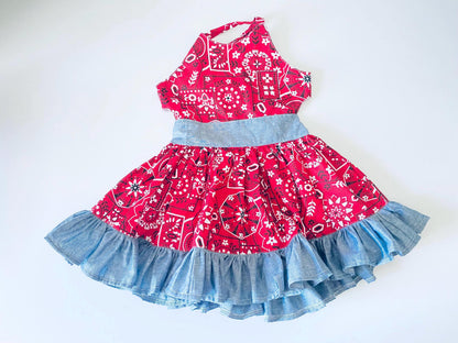 Handmade Cowgirl Dress | Red Bandana, Denim Ruffle | Open-Back
