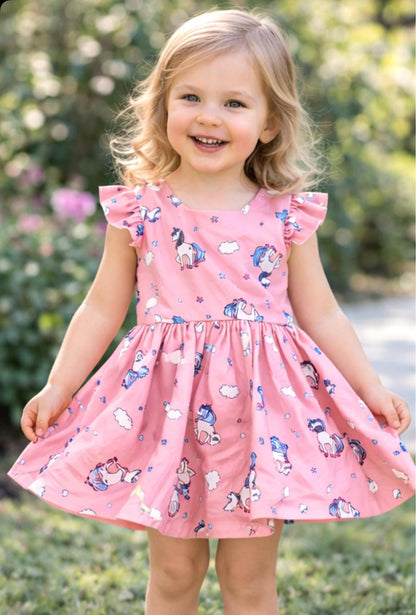 Pink Dress with Flutter Sleeves | Full Circle Skirt | Twirl dress