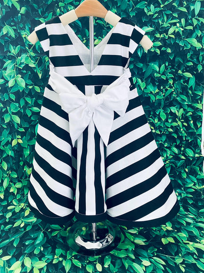 Black and White Striped Girls Dress with Oversized Bow