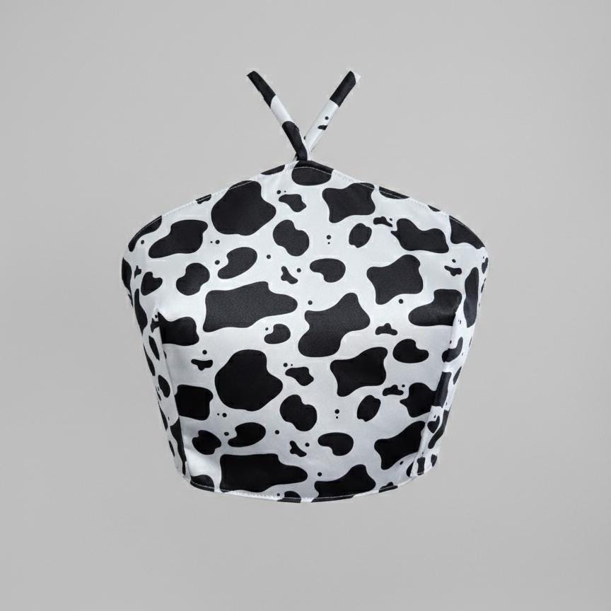 Cow Print Satin Halter Top | Handmade Open Back Crop Top