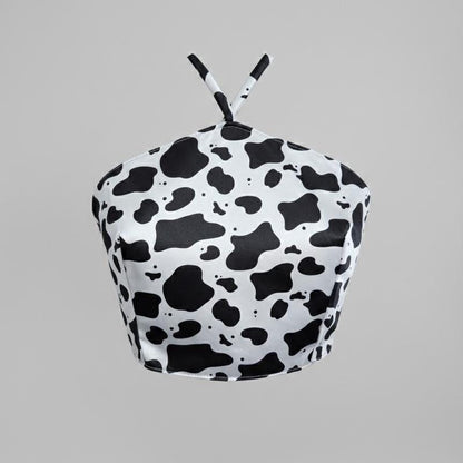 Cow Print Satin Halter Top | Handmade Open Back Crop Top