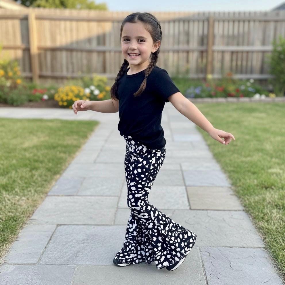 Bell Bottoms | Girls Retro Flare Pants | Black and White Print