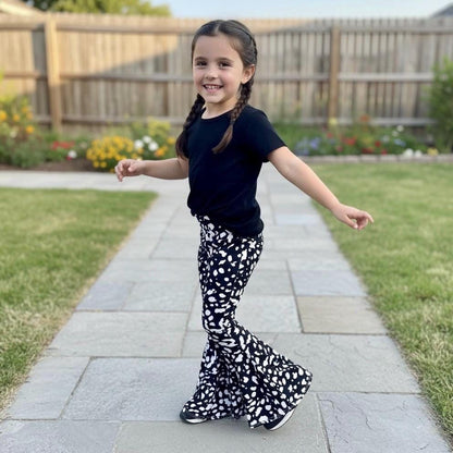 Bell Bottoms | Girls Retro Flare Pants | Black and White Print