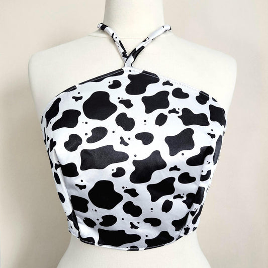 Cow Print Satin Halter Top | Handmade Open Back Crop Top
