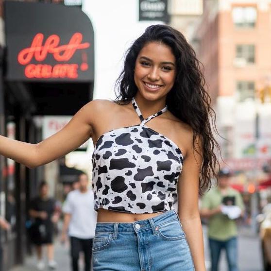 Cow Print Satin Halter Top | Handmade Open Back Crop Top