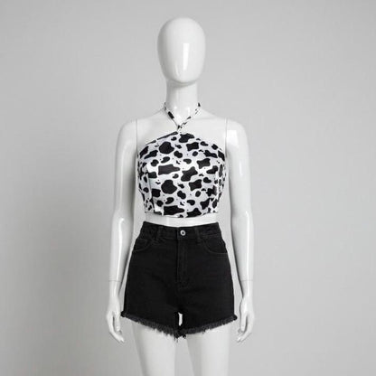 Cow Print Satin Halter Top | Handmade Open Back Crop Top