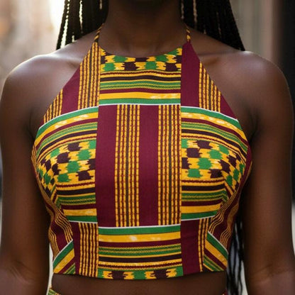 Handmade Kente Halter Crop Top | African Print Lace-Up Back