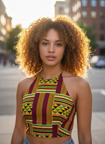 Handmade Kente Halter Crop Top | African Print Lace-Up Back