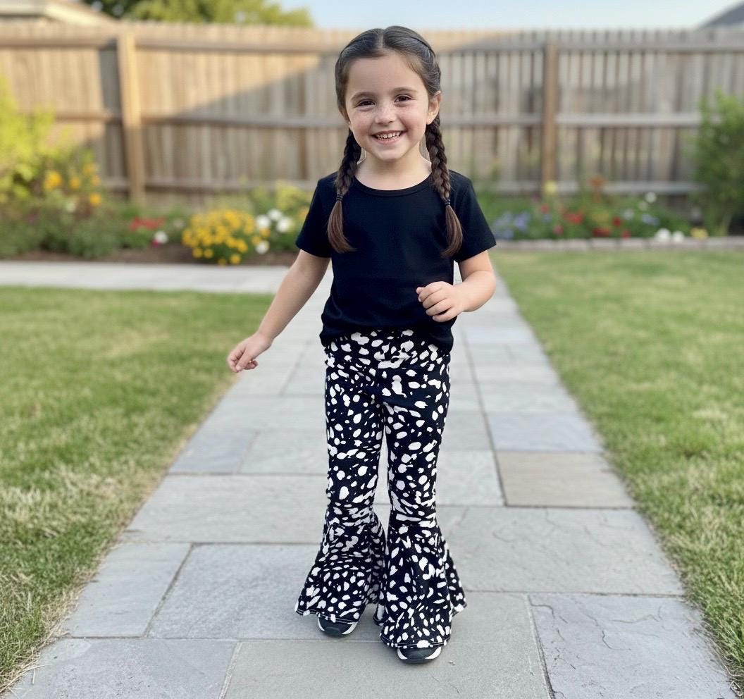 Bell Bottoms | Girls Retro Flare Pants | Black and White Print