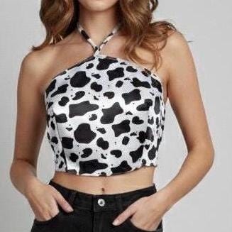 Cow Print Satin Halter Top | Handmade Open Back Crop Top
