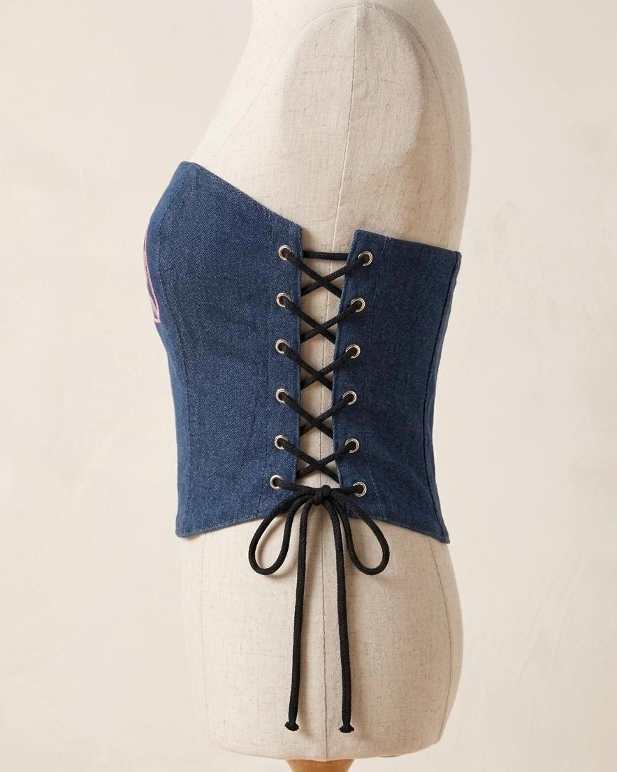 Embroidered Denim Corset Top | Lace-Up Cowgirl Bustier, Western Festival Wear