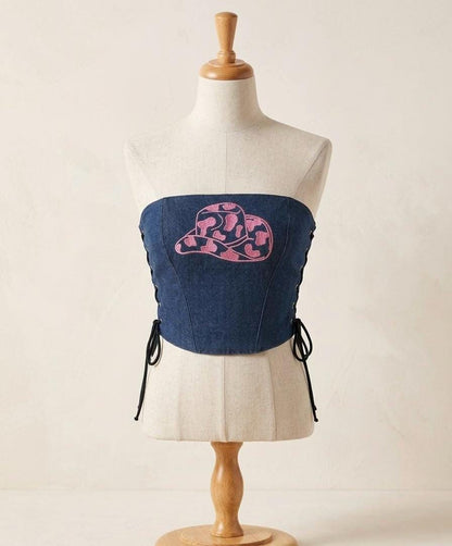 Embroidered Denim Corset Top | Lace-Up Cowgirl Bustier, Western Festival Wear